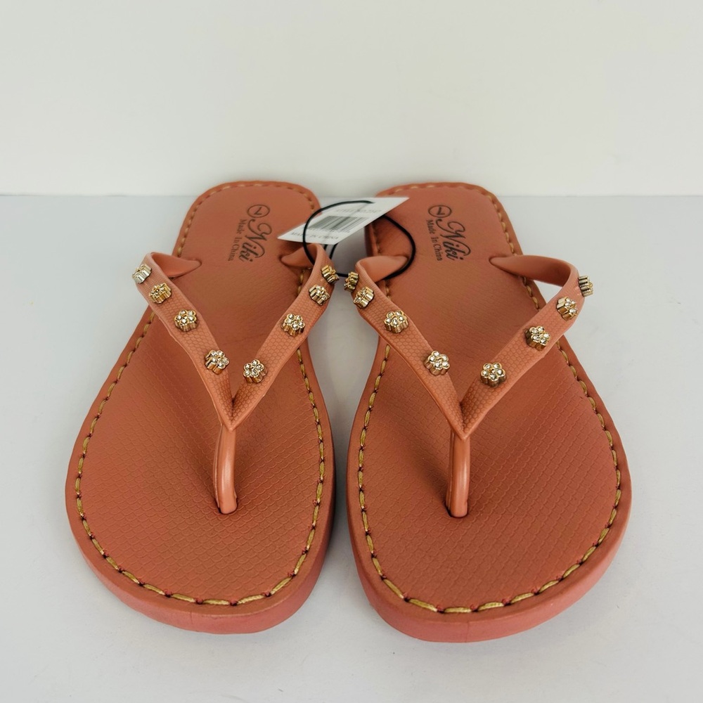 NWT Flip Flops Women's 10 Pink Rose Gold Rhinestone Cushion Rubber Sole Sandals